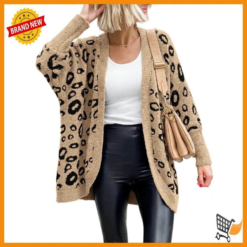 Leopard Print Cardigan Women's Open Front Loose Knit Sweater Pockets